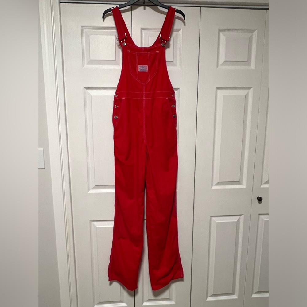 Vintage Red Denim Wrangler Overalls White Accent Stitching Size 13 - Juniors